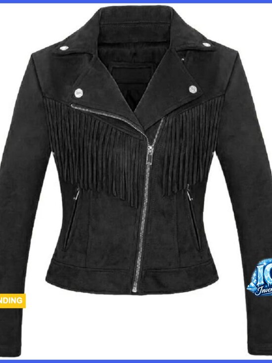 Jackets & Blazers - Faux Suede Leather Moto Biker Jacket with Tassel Fringe